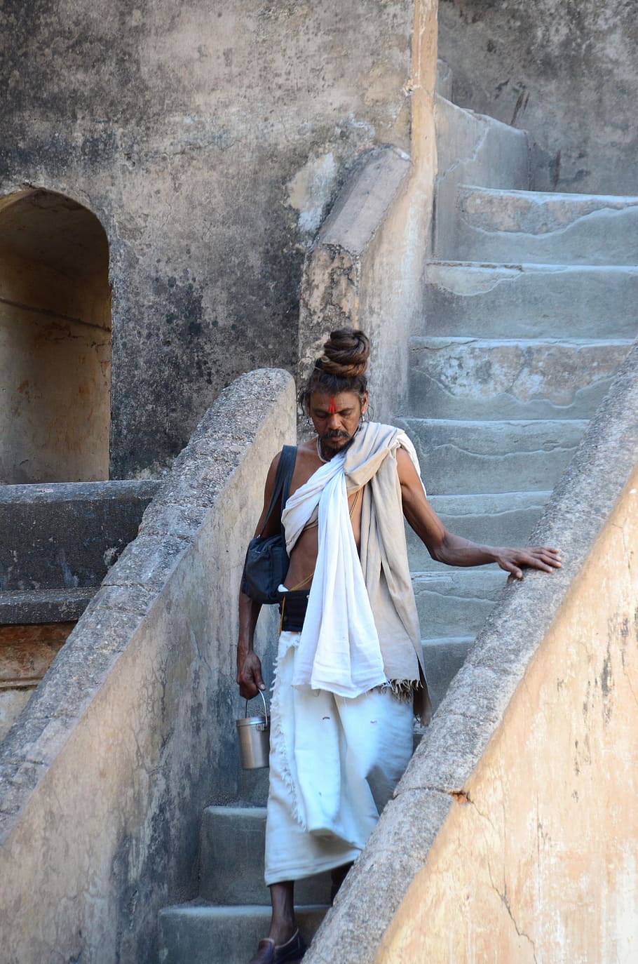man walking on concrete stairs, india, sadhu, holy, people, cultures, HD wallpaper