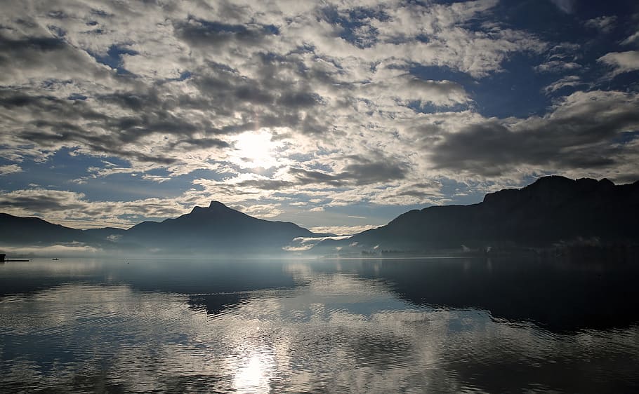 silhouette of mountain near body of water wallpaper, clouds HD wallpaper
