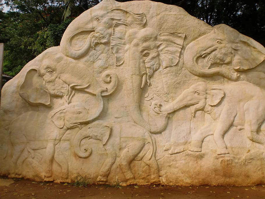 elephant, carvings, rock, sculpture, sri lanka, pinnawala, art and craft, HD wallpaper