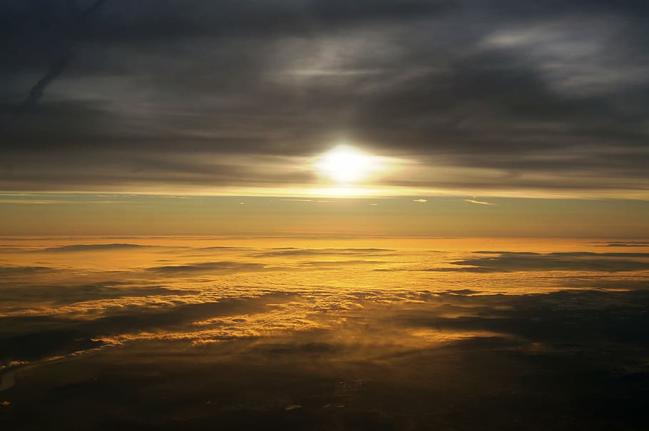 sky, clouds, sun, from above, horizon, mood, atmosphere, romantic HD wallpaper
