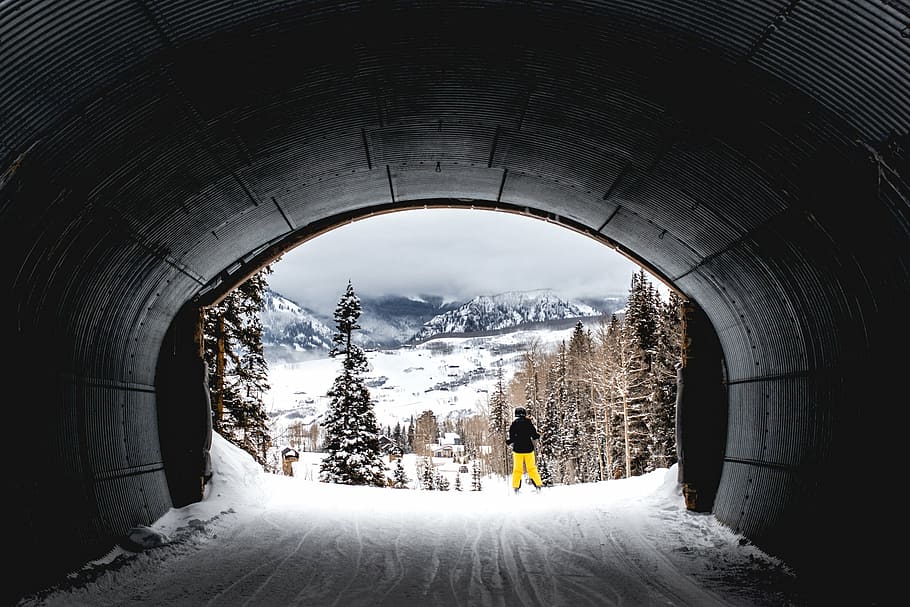 person standing near tunnel with snow, nature, trees, winter HD wallpaper