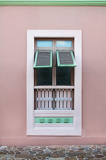 opened white teal and brown wooden louvered window panel, photo of green and brown window open HD wallpaper