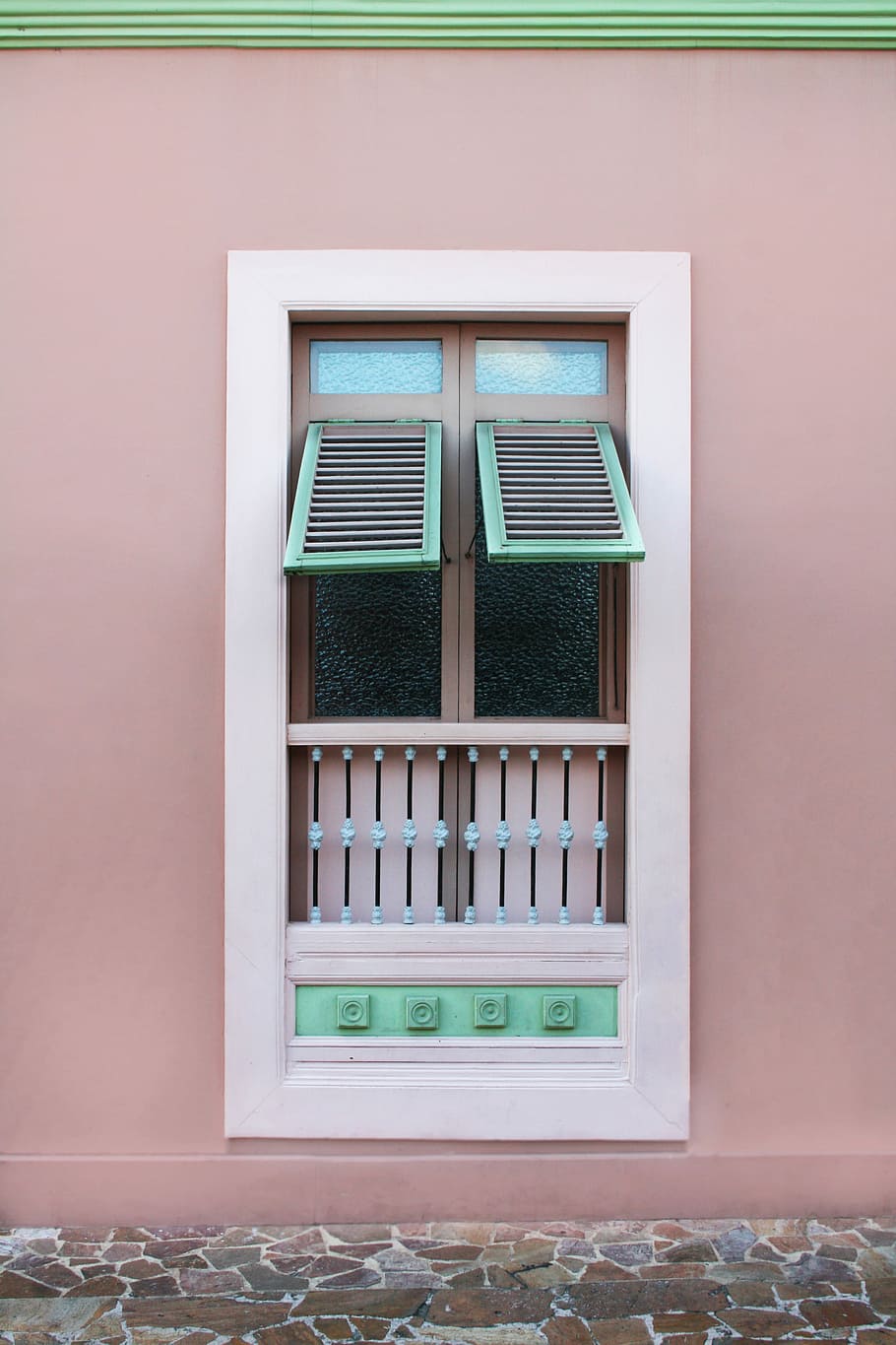 opened white teal and brown wooden louvered window panel, photo of green and brown window open HD wallpaper