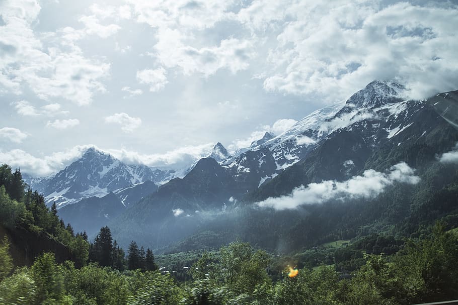 mountains, peaks, valleys, summit, snow, trees, forest, woods HD wallpaper
