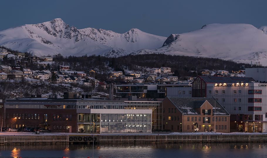norway, tromso, architecture, dark, outdoors, sky, clouds, mountains HD wallpaper