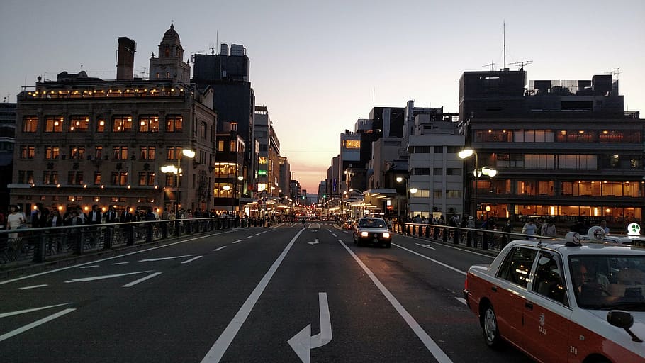 white and orange sedan, architecture, building, infrastructure HD wallpaper