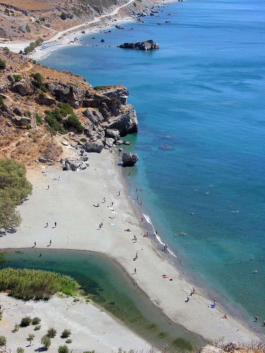 greece, crete, sun, beach, sea, view, palms, coast, coastline HD wallpaper