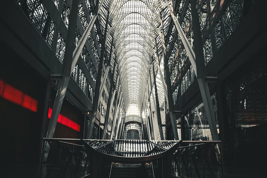 grayscale photography of state of the art building interior HD wallpaper