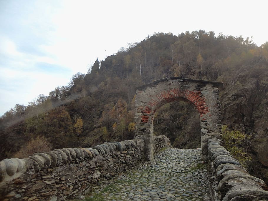 bridge, stone, ancient, stone bridge, river, mountain, arc HD wallpaper