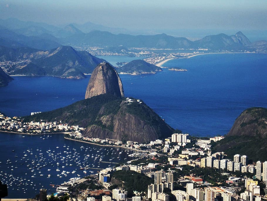 aerial photography of city, sugarloaf, views of the corcovado