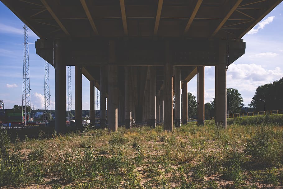 city, architecture, bridge, column, columns, construction, grass HD wallpaper