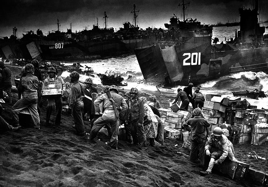 American Supply Ships unloading at Iwo Jima, World War II, beach