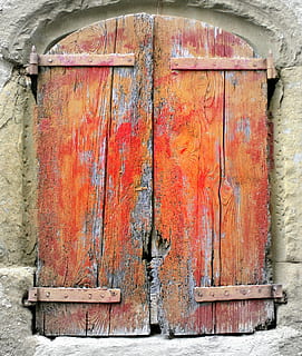 photo of brown wooden door, shutters, red, old, architecture HD wallpaper