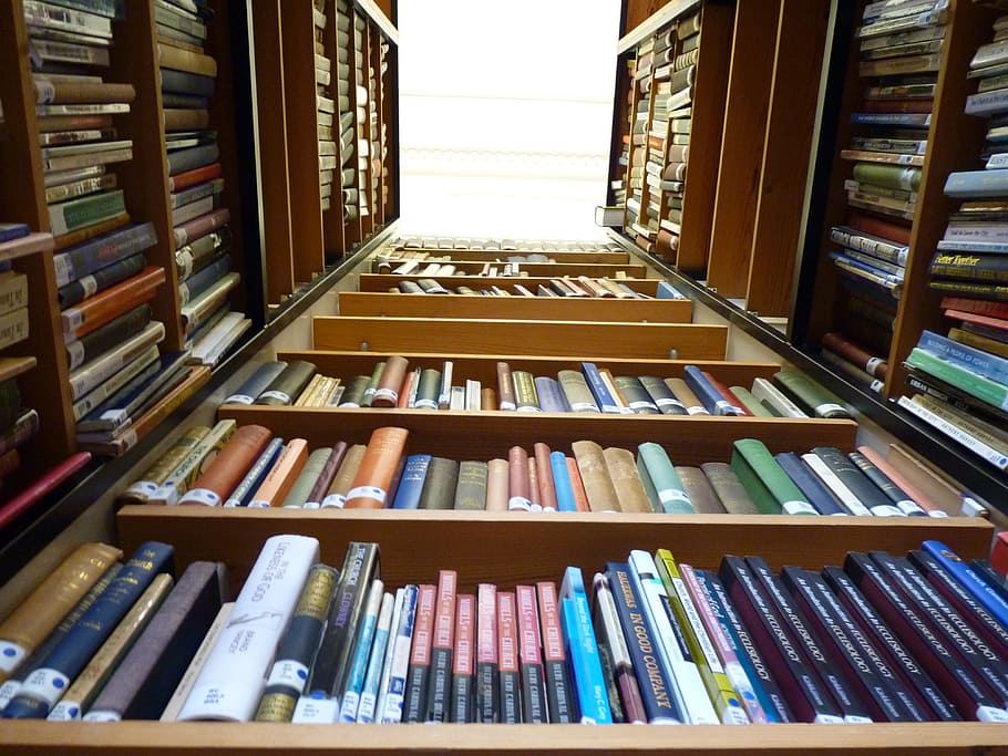 assorted books inside brown bookcase lot, library, shelf, indoors HD wallpaper