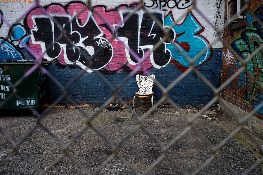 white chair beside wall mural, public, art, painting, graffiti HD wallpaper