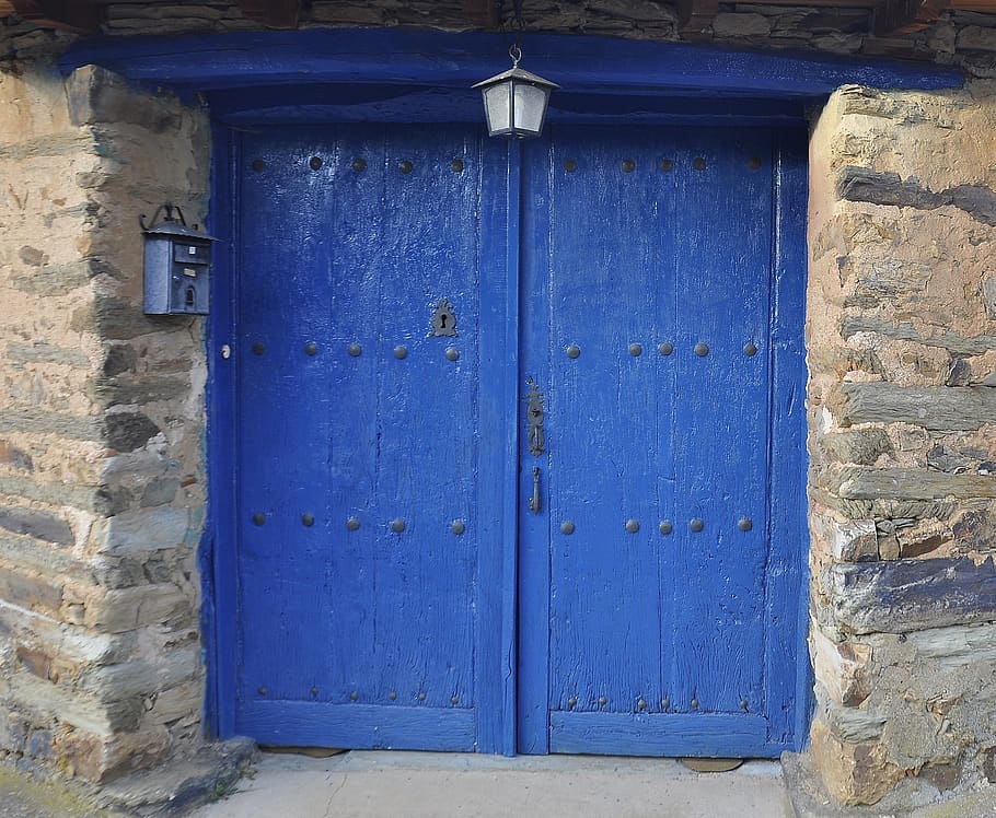 double doors, blue, entrance, exit, building, architecture, HD wallpaper
