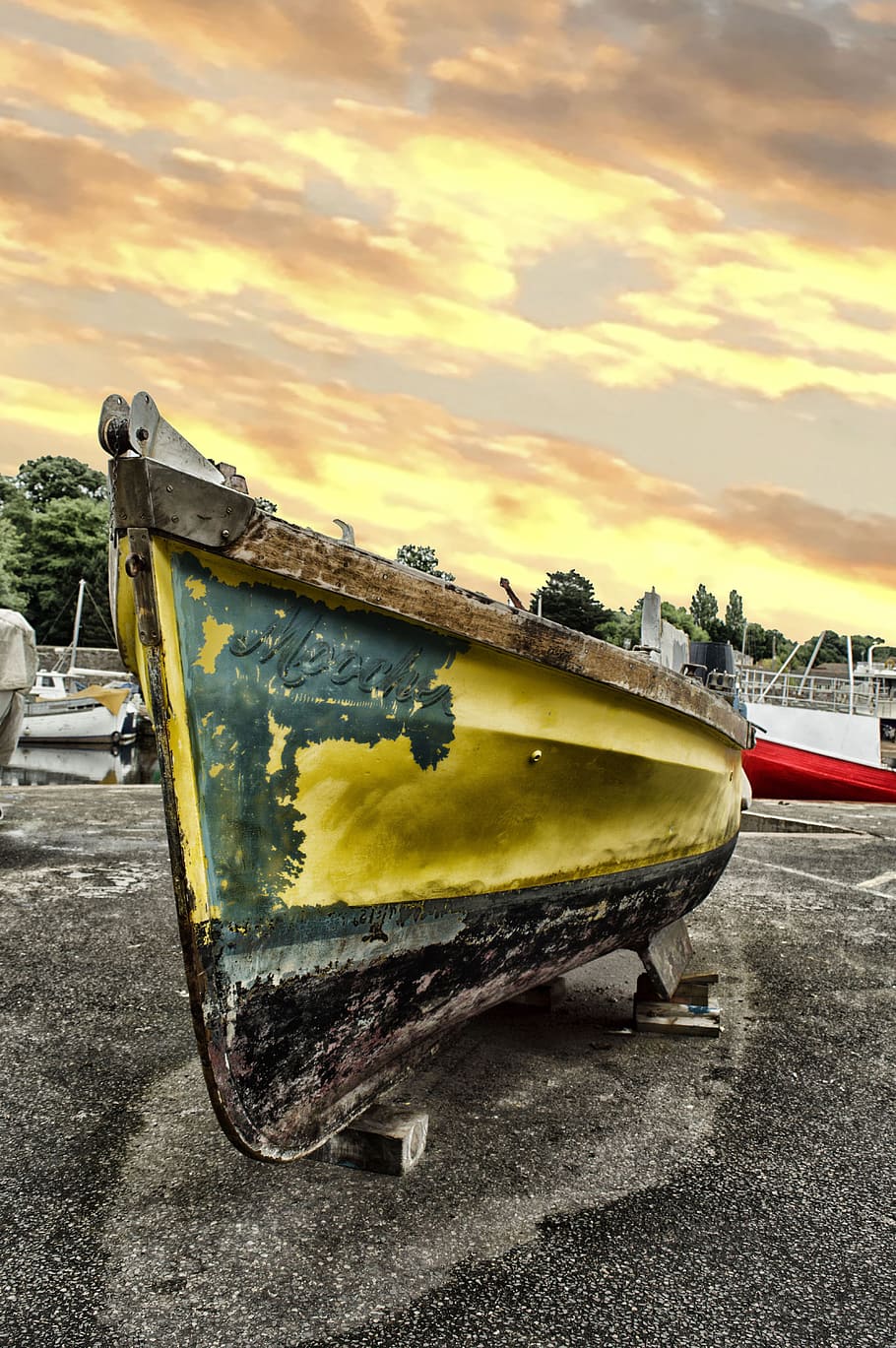 HD wallpaper: Yellow and Black Boat, beach, clouds, coloured, coloured