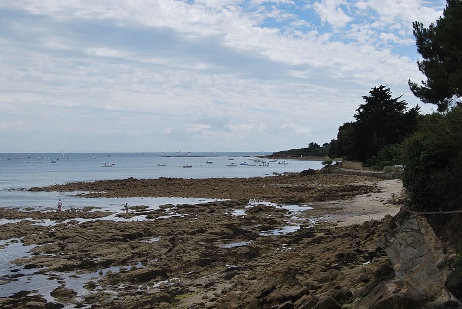 beach, rocks, side, brittany, france, ocean, water, sky, land HD wallpaper