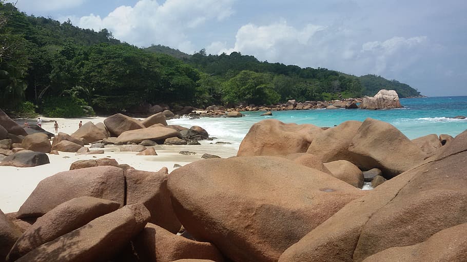 seychelles, anse lazio, praslin, water, sea, beach, land, rock, HD wallpaper