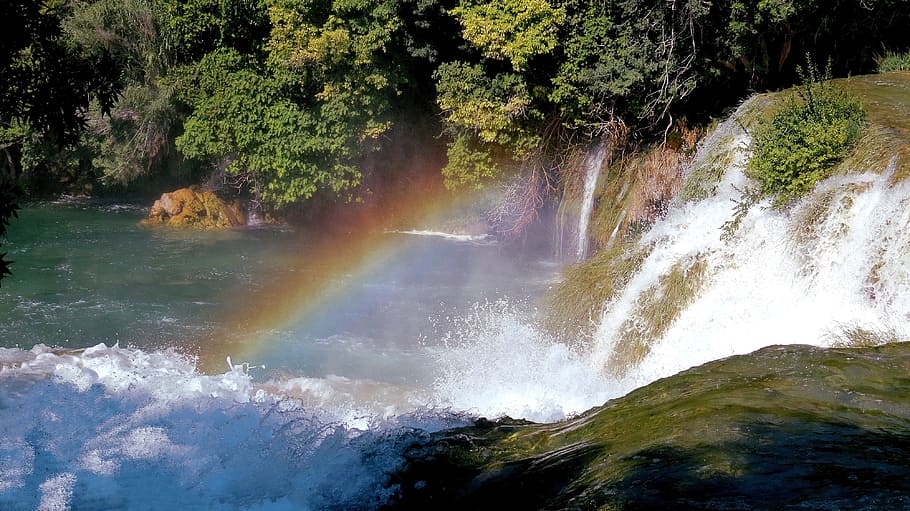 waterfall photo, Screen, Rainbow, Colors, River, rainbow colors
