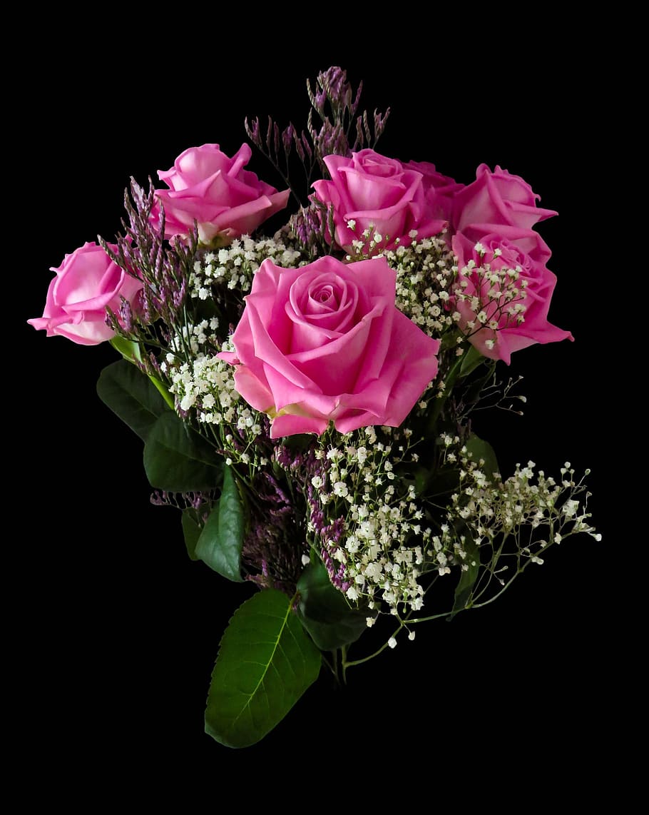 bouquet of pink roses, birthday, flowers, valentine's day, greeting card, HD wallpaper