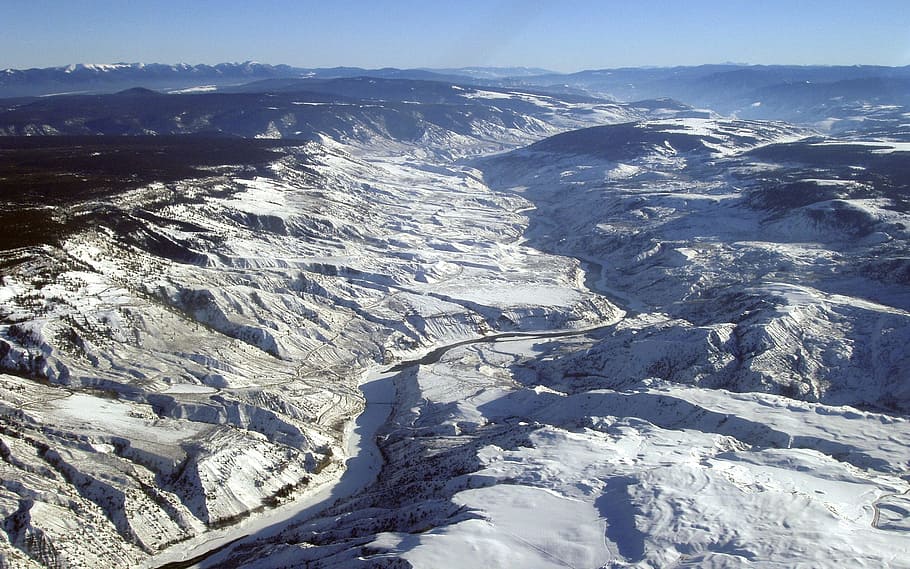 fraser river, valley, plateau, winter, bird perspective, winter landscape HD wallpaper
