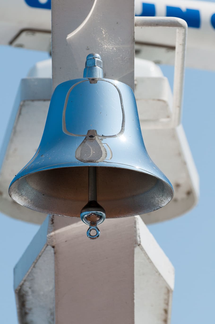 bell, reflection, boat, blue, day, focus on foreground, metal HD wallpaper