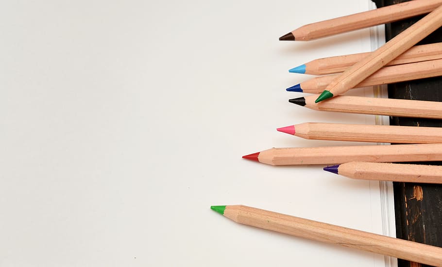 assorted-color wooden pencil on white surface, pens, leaf, paint HD wallpaper