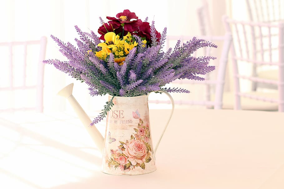 red and yellow petaled flower arrangement with white floral ceramic watering can table decor HD wallpaper