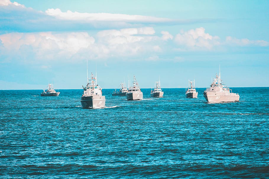 seven navy ship sailing on ocean during daytime, white ships on sea at daytime HD wallpaper