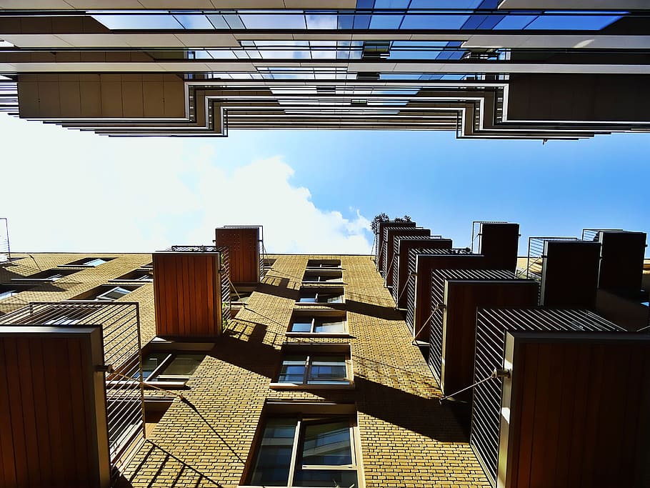 sky, clouds, buildings, glass, architecture, balconies, contemporary HD wallpaper