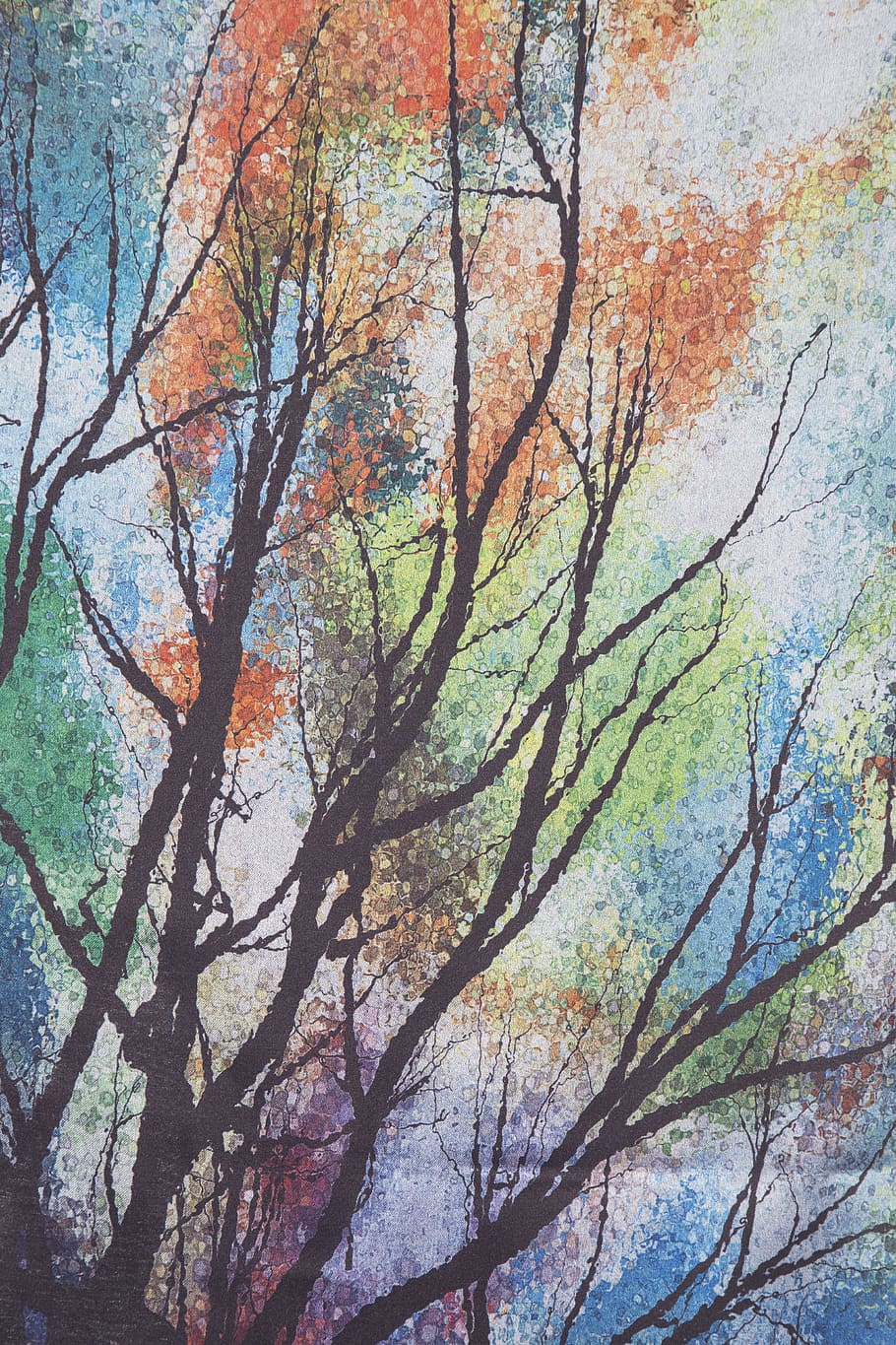 brown and multicolored tree painting, fabric, textile, abstract pattern