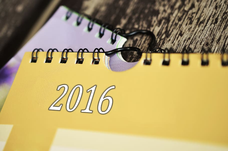 2016 yellow calendar on purple calendar, date, year, time, schedule, HD wallpaper