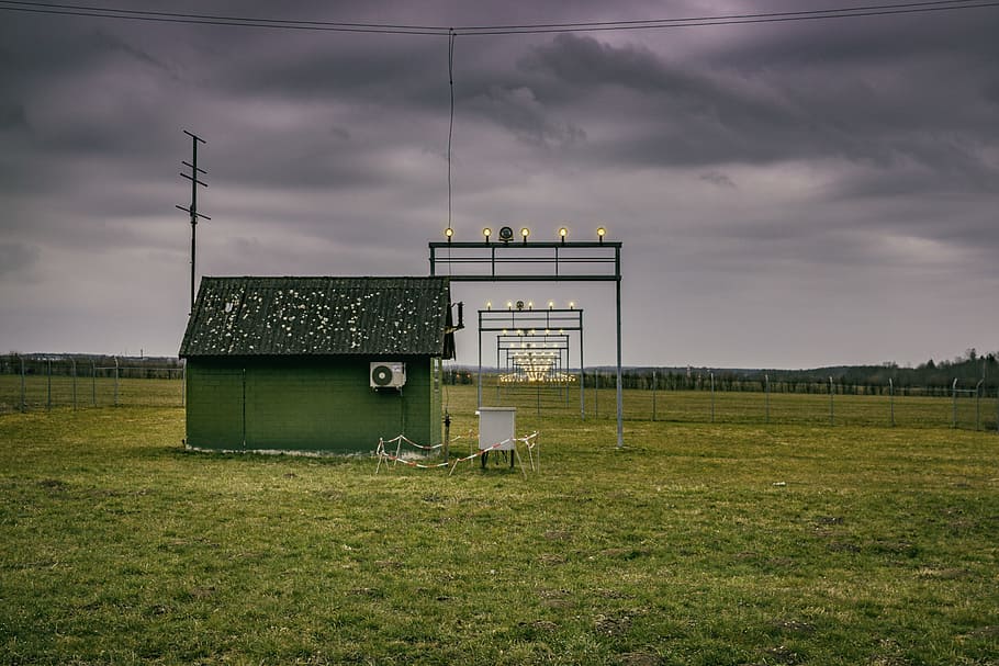 green house with white air condenser, green wooden shed, Runway HD wallpaper