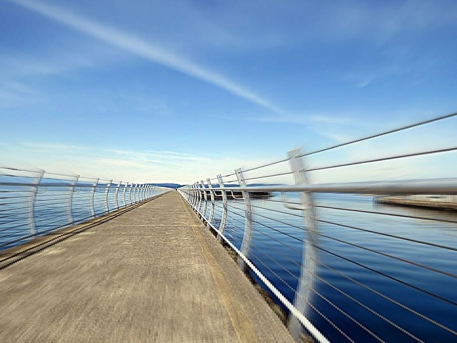 bridge, water, web, movement, sky, blue, railing, architecture HD wallpaper