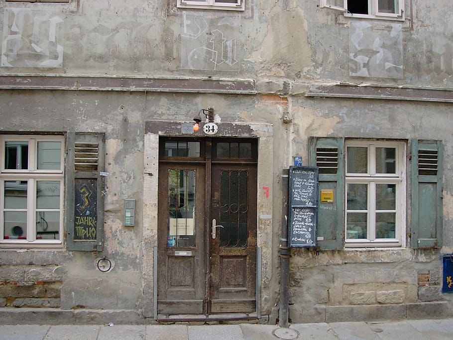 house facade, old, grey, window, shutter, front door, wood, HD wallpaper