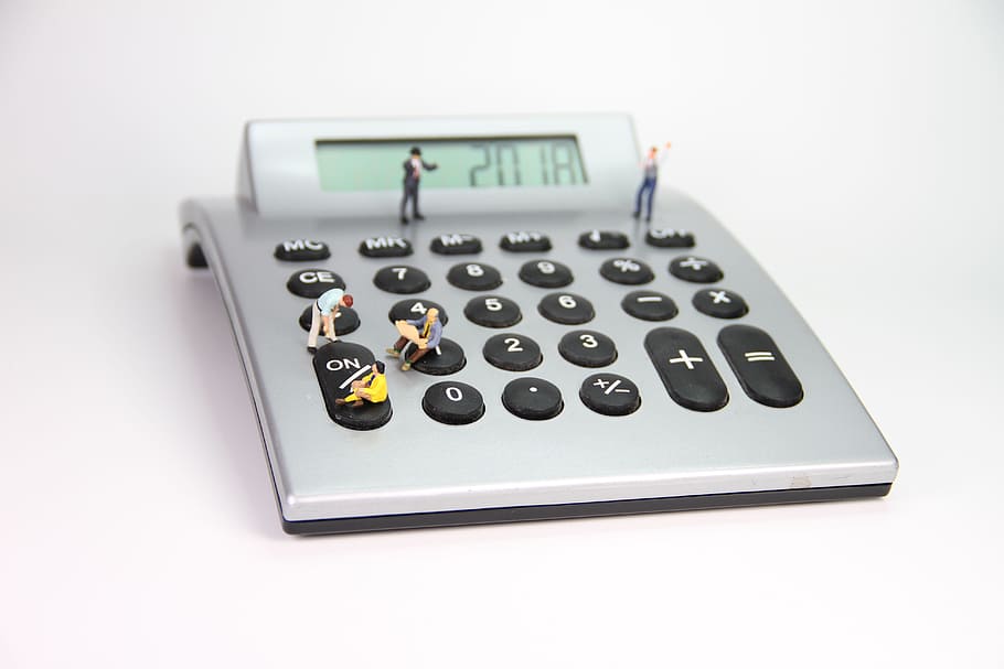 gray calculator, number, miniature figures, company, mathematics, HD wallpaper