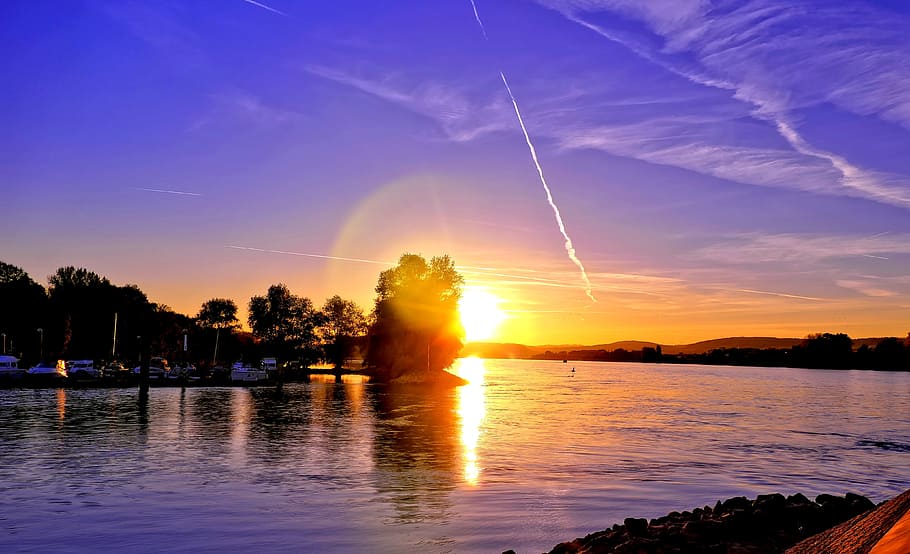 Sunset, Rhine, Dusk, abendstimmung, evening sky, nature, water HD wallpaper