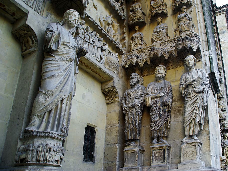 reims, cathedral, french gothic architecture, statues, door, HD wallpaper