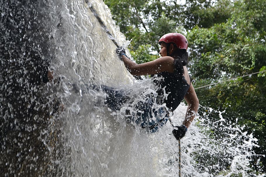 Waterfalls, Fun, Trees, adventure, extreme sports, one person HD wallpaper