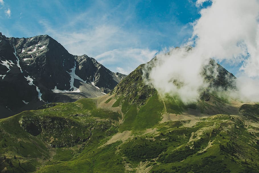 mountain ranges covered with white clouds, photo of mountain HD wallpaper
