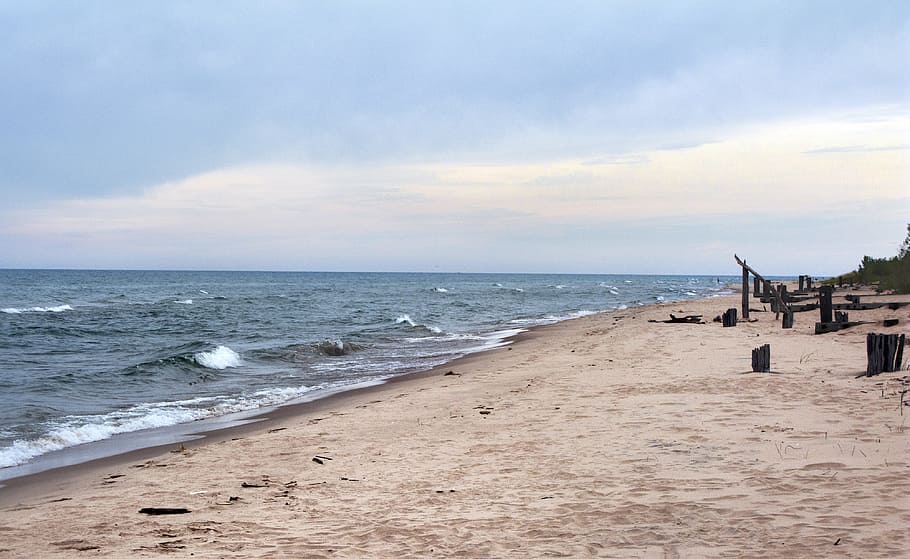 lake, sand, beach, sky, sea, water, land, horizon over water HD wallpaper