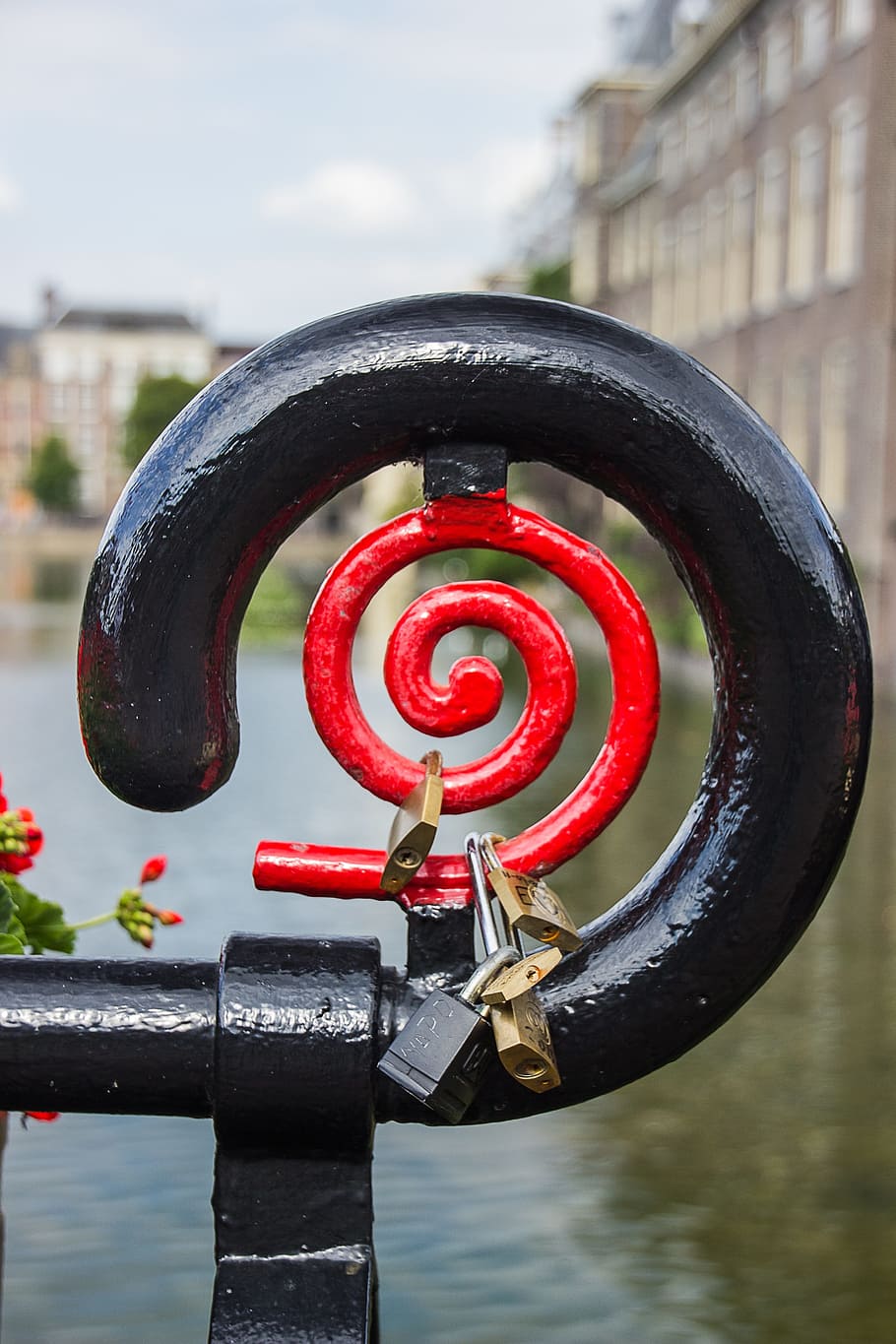 Fence, Lock, Water, Building, red, no people, outdoors, day HD wallpaper