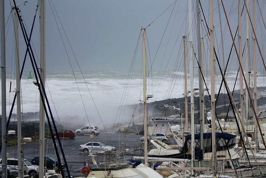 white cars and boats illustration, wave, sea, storm, movement HD wallpaper