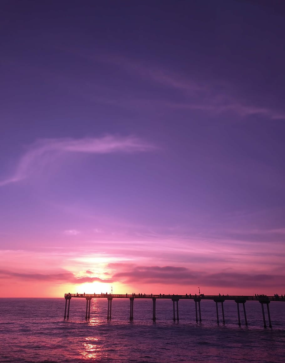 brown dock under blue sky during golden hour, pier, sunset HD wallpaper