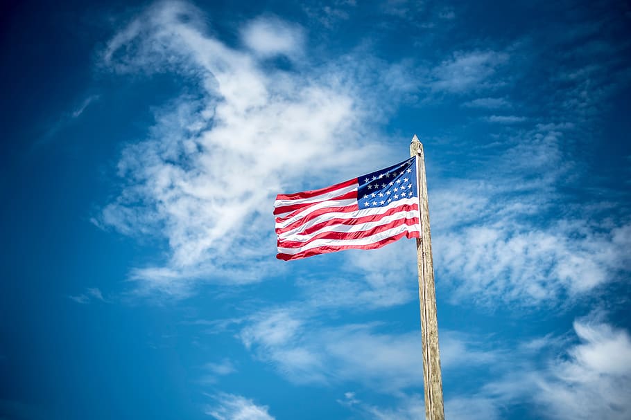 blue, sky, clouds, flag, pole, usa, patriotism, cloud - sky HD wallpaper