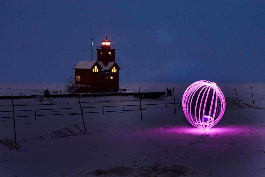 purple LED ball light on field, orb, long exposure, lights HD wallpaper