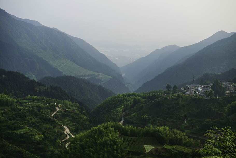 landscape photography of mountain during daytime, aerial view of mountains HD wallpaper