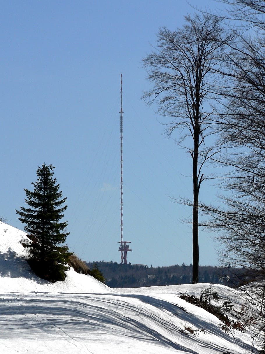 tv transmitter, winter, snow, trees, path, country, slovakia HD wallpaper