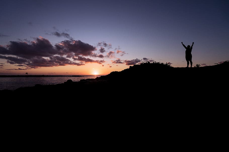 light, landscape, sunset, person, backlit, clouds, dusk, mountain HD wallpaper